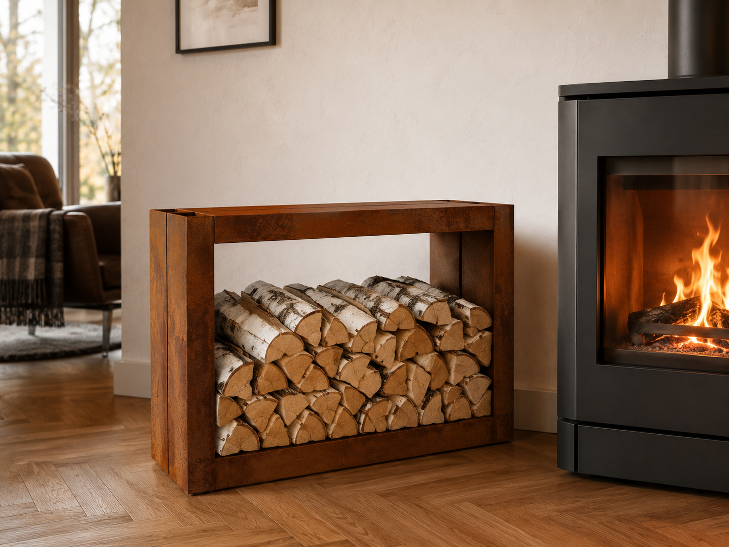 Range-bûches en acier S235 brut près d'un poêle à bois, Steel Homes