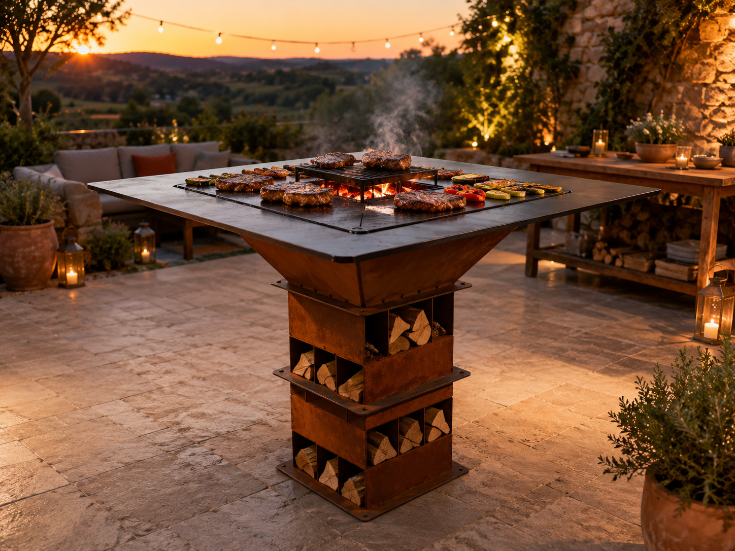 Brasero et Table en acier S235 avec rangement à bûches, Steel Homes