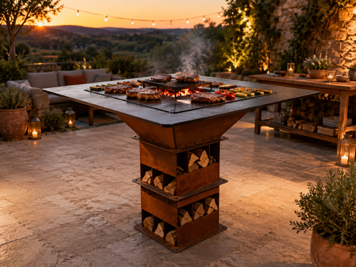Brasero et Table en acier S235 avec rangement à bûches, Steel Homes