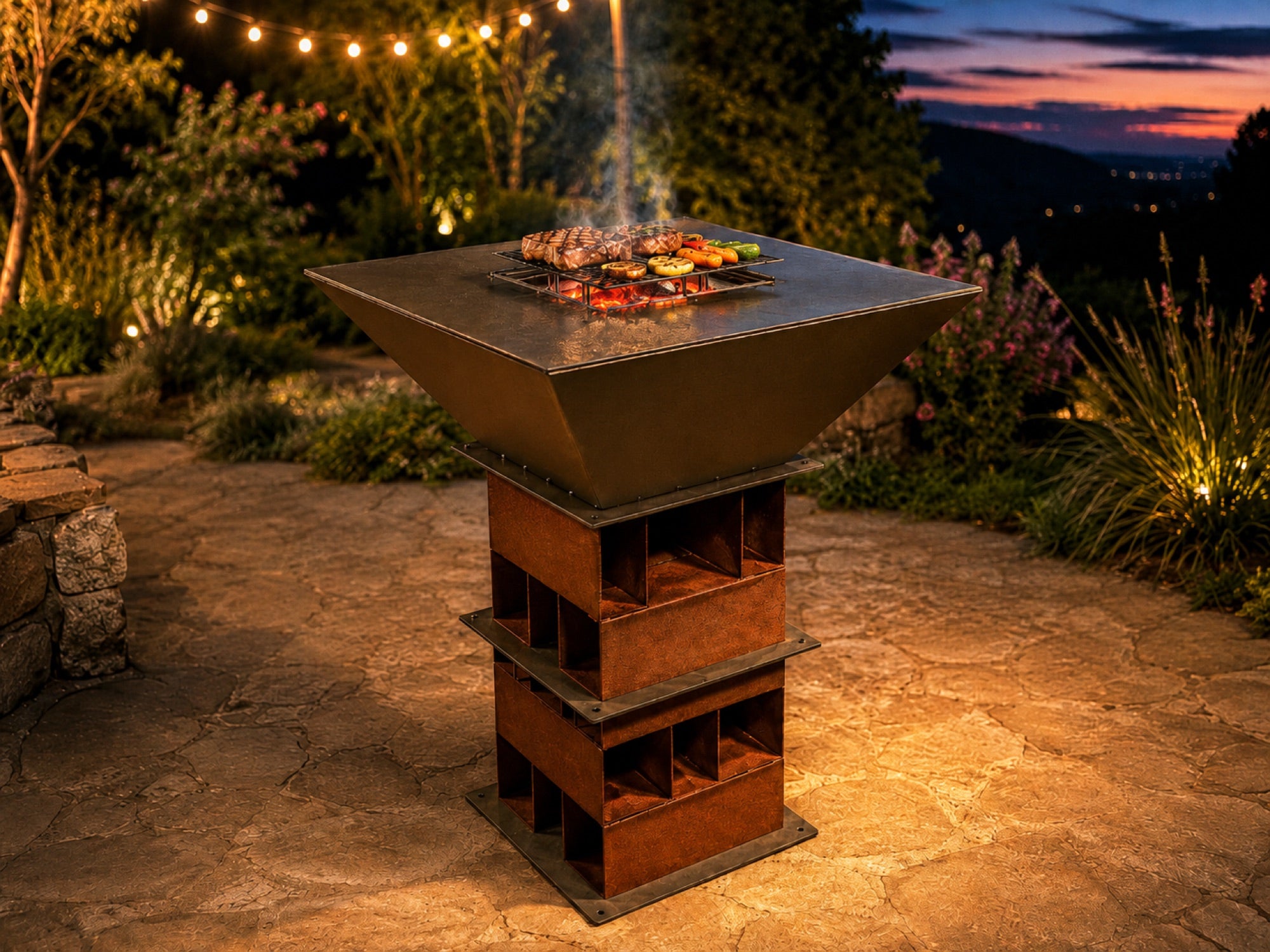 Petit brasero en acier S235 finition brute sur une terrasse au crépuscule, Steel Homes