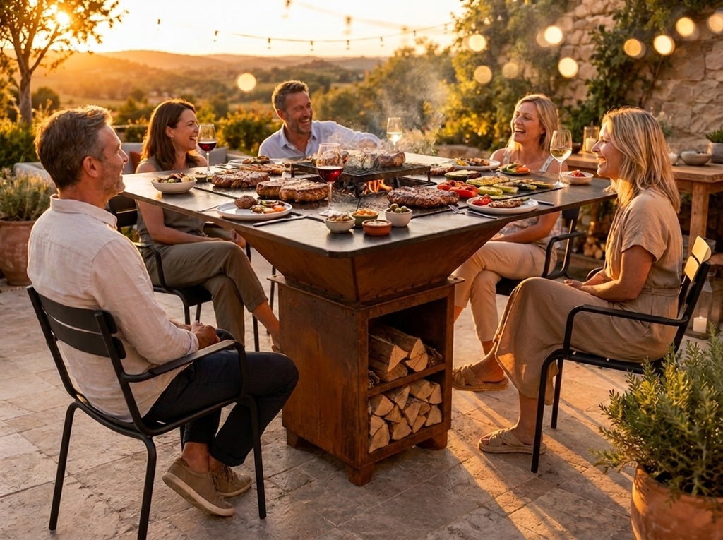 Repas assis autour du Brasero et Table, hauteur table à manger, Steel Homes
